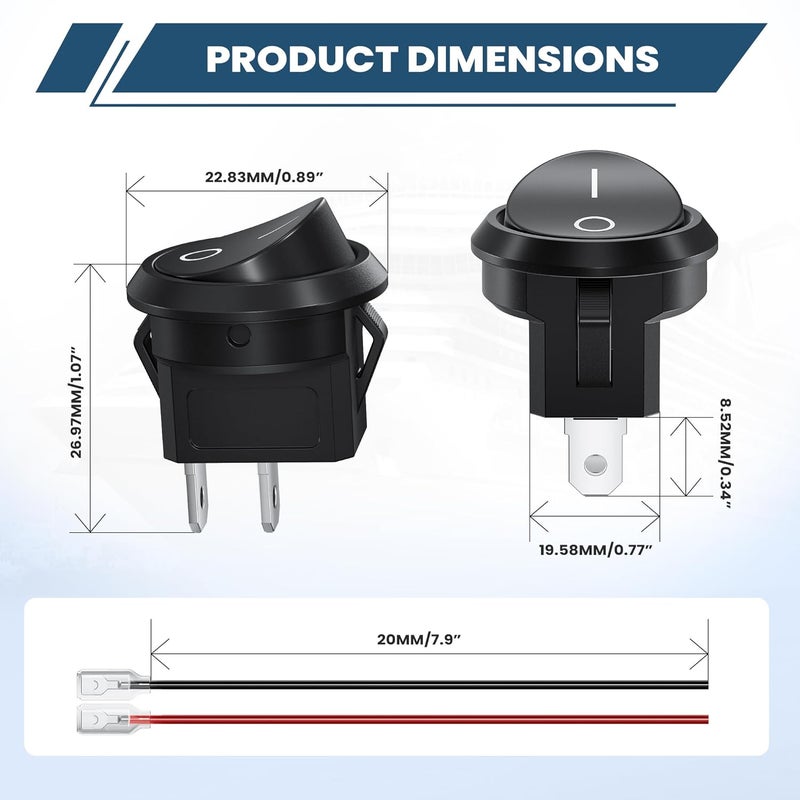 DMTVAL 10Pcs 12V Round Rocker Switch Kit, 2 Pin 2 Position SPST ON/Off Toggle with Pre-Wired Leads, Rated 6A/250V 10A/125V, for Car, Boat, Marine, RV - Image 2